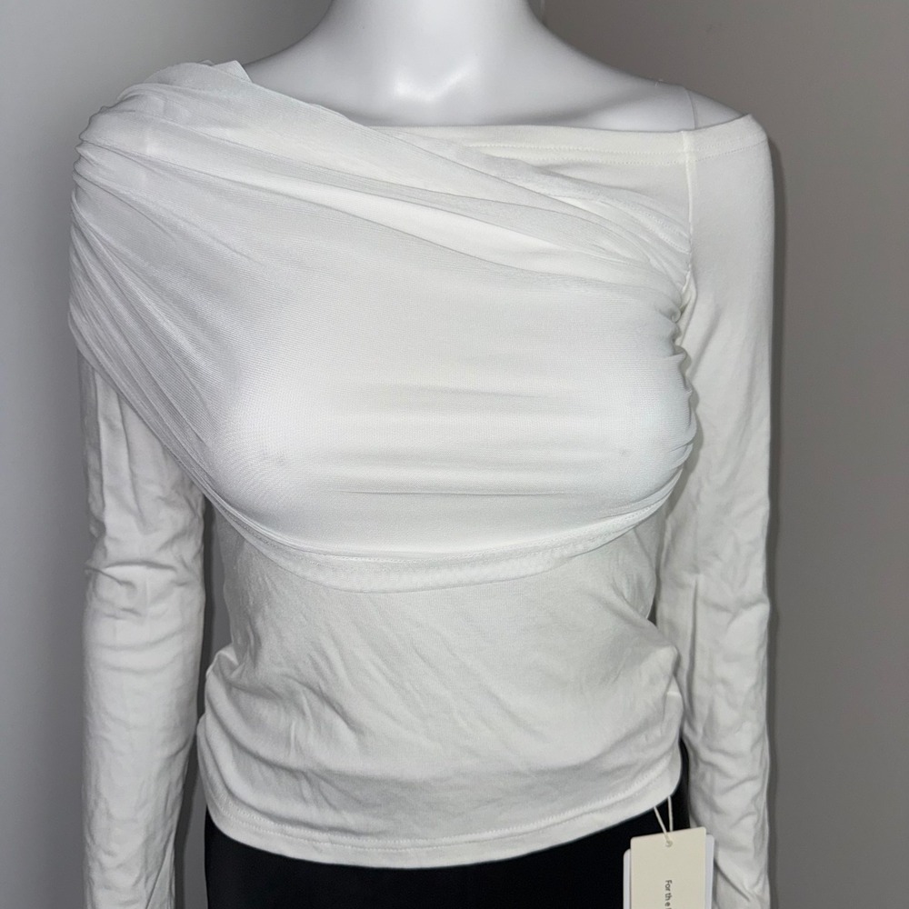 Commense‎ White Long Sleeve Top Ruched Mesh Overlay Off Shoulder Blouse Size M